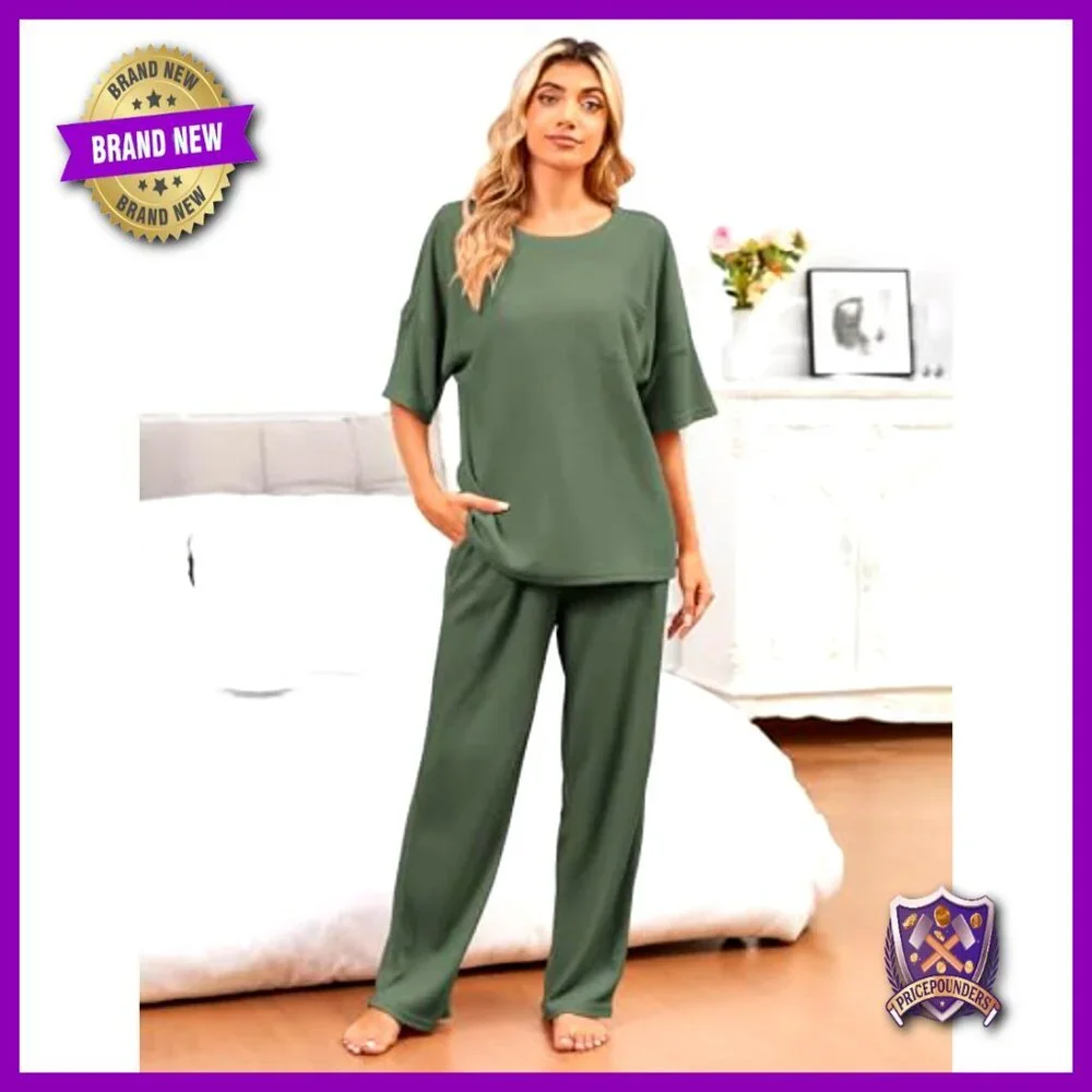 Waffle Knit Pajama Set Short Sleeve Top Long Pants Lounge Sleepwear